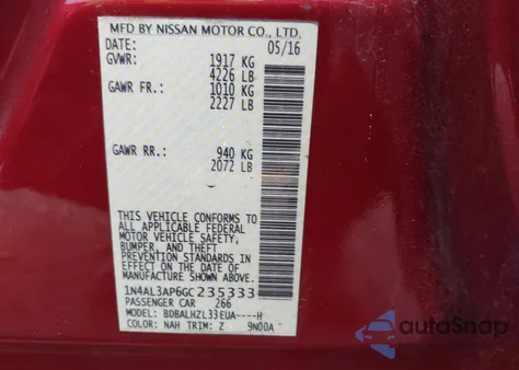 2016 Nissan Altima 2.5 Sr z USA, uszkodzony, nr VIN 1N4AL3AP6GC235333